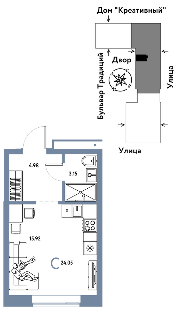 Планировка: Студия 24.1 м² в ЖК Домашний, Плеханово