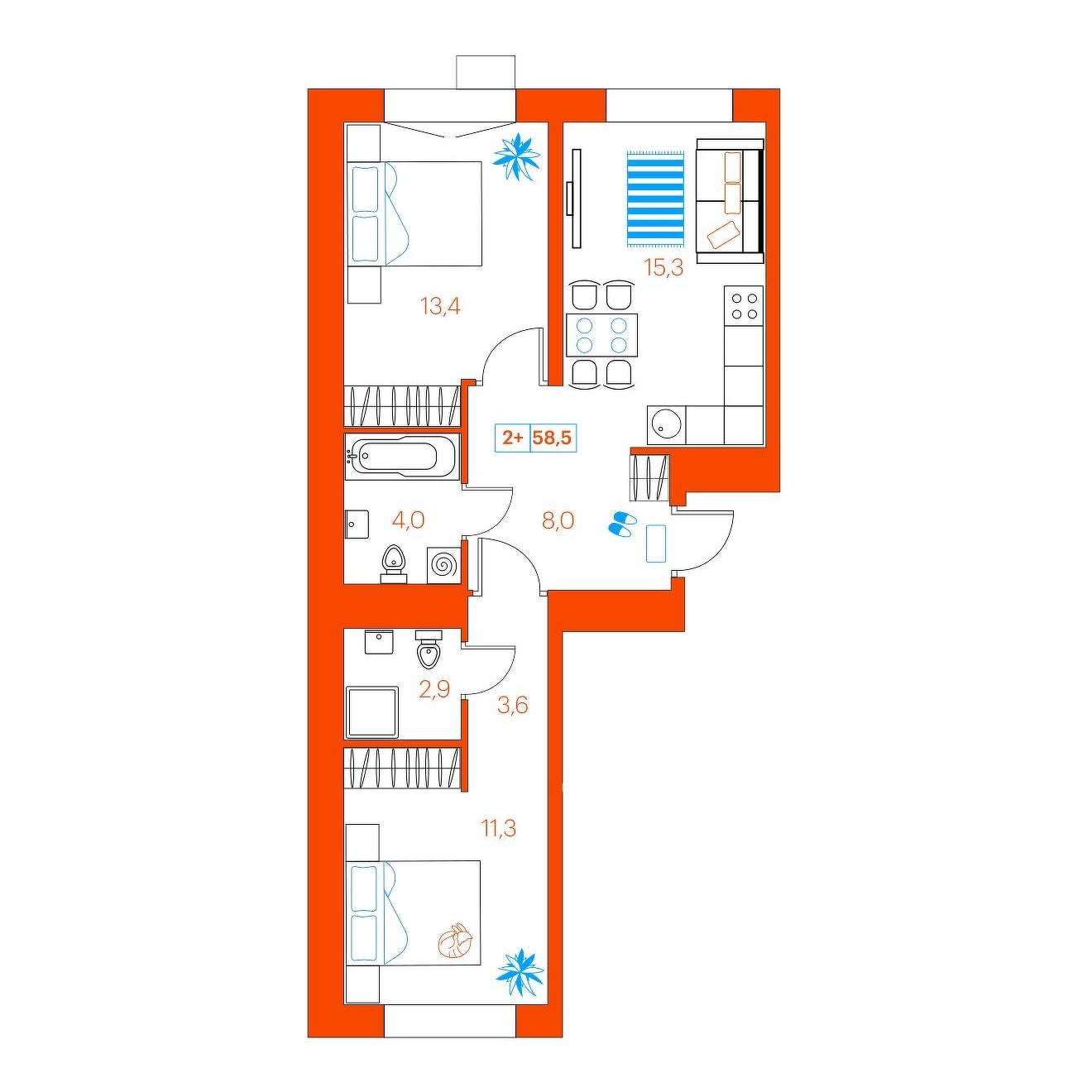 Планировка: Евротрешка 58.5 м² в ЖК Supersky, Ватутина