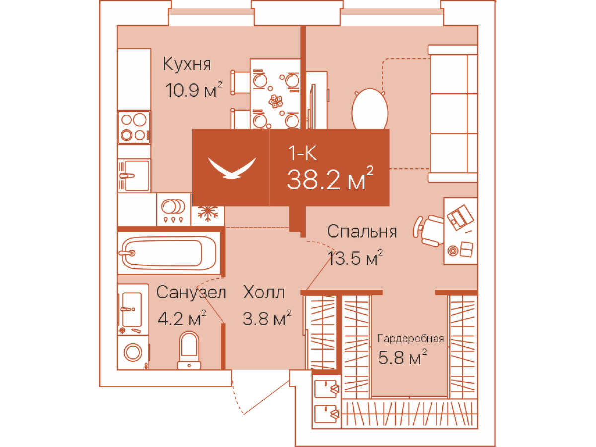 Планировка: 1-комнатная 38.2 м² в ЖК Дом на Большой Спасской, Воровского