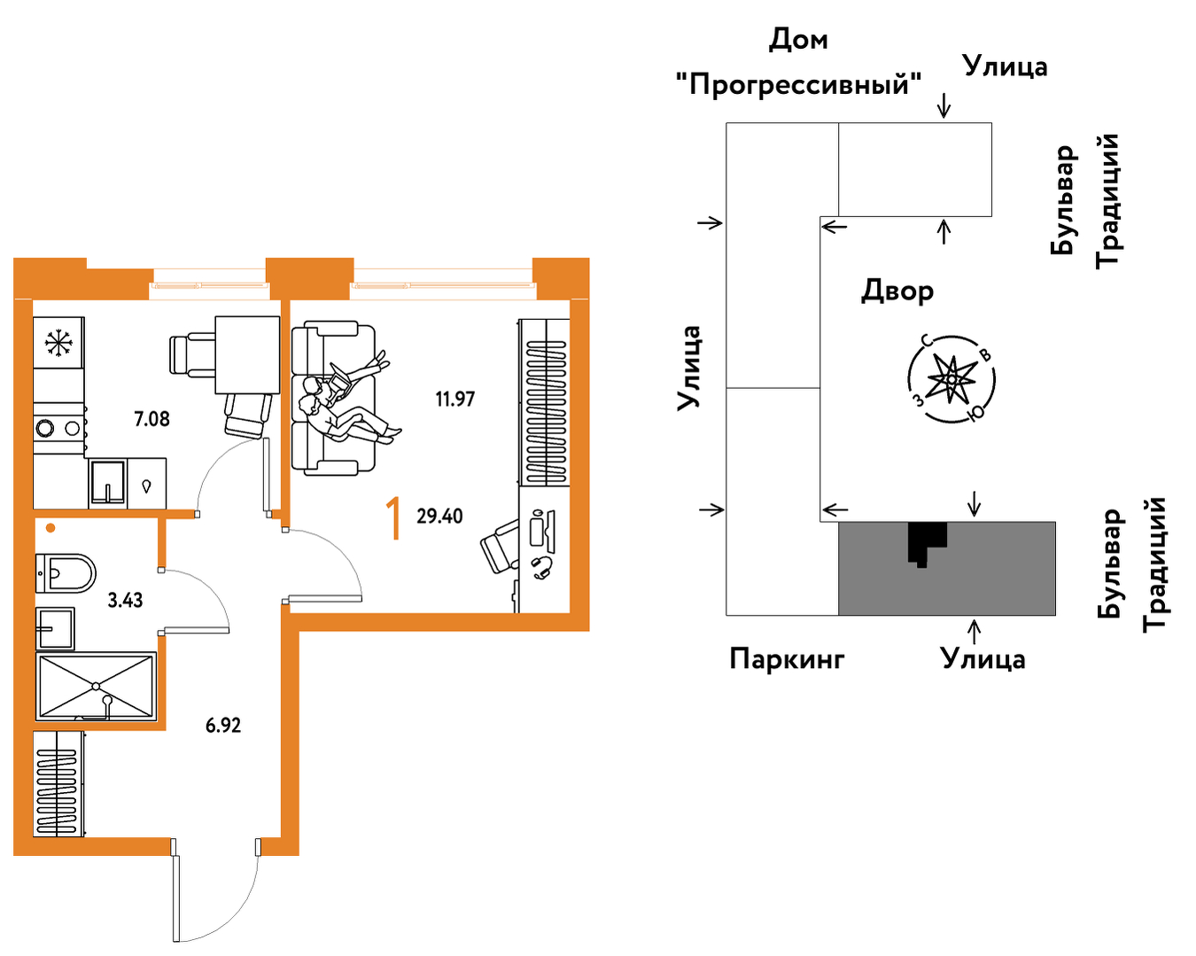 Планировка: 1-комнатная 29.4 м² в ЖК Домашний, Плеханово