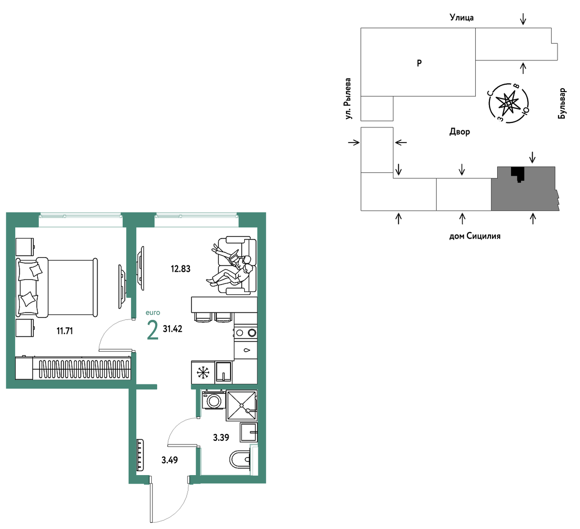 Планировка: 1-комнатная 31.4 м² в ЖК Остров-сад, ДОК