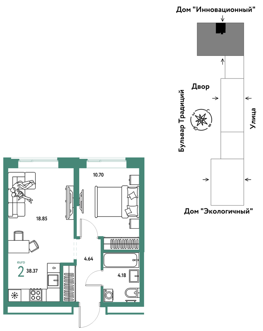 Планировка: Евродвушка 38.4 м² в ЖК Домашний, Плеханово
