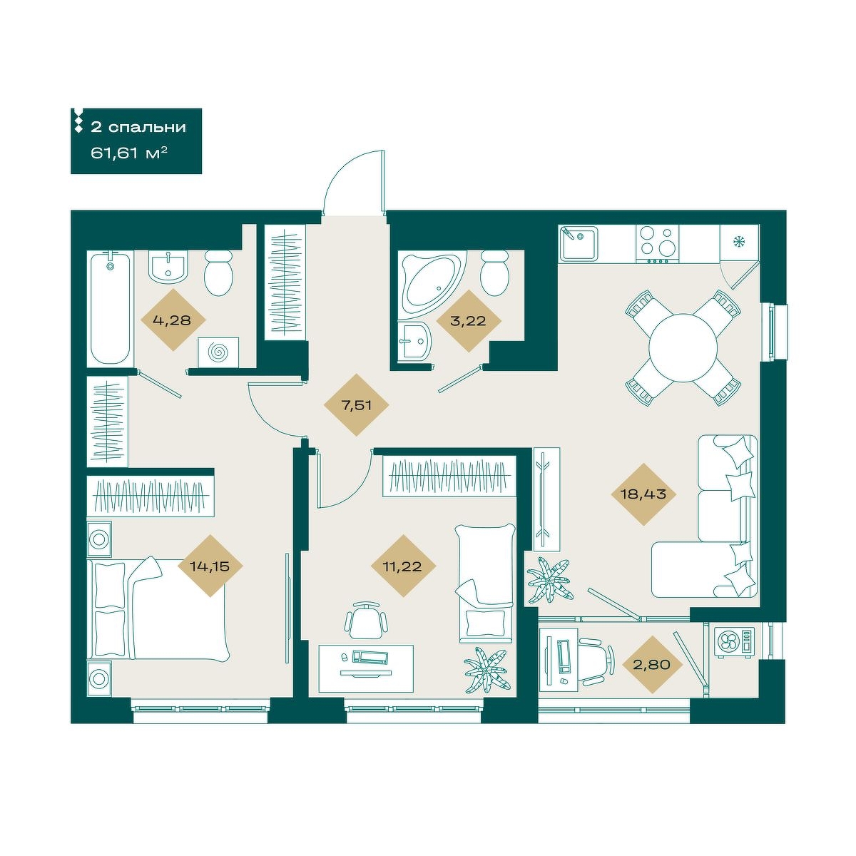 Планировка: Евротрешка 61.6 м² в ЖК Секреты, 5-й Заречный