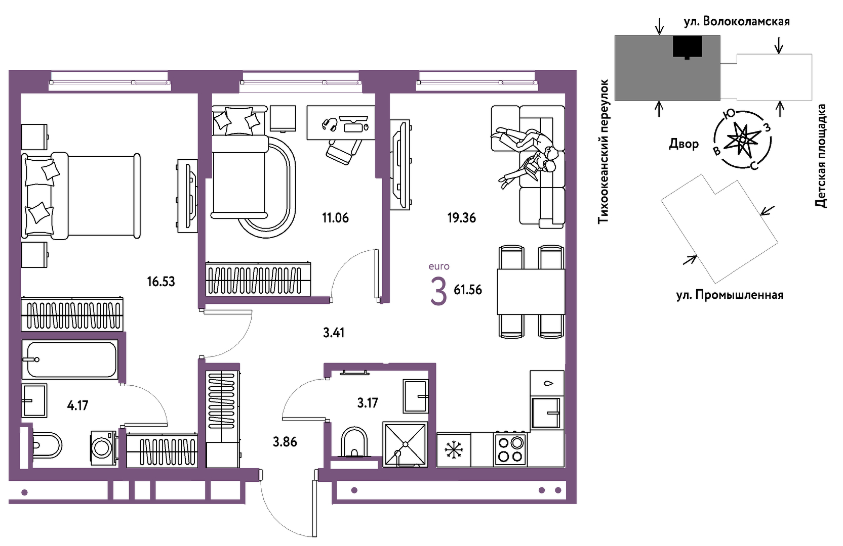 Планировка: Евротрешка 61.6 м² в ЖК Страна. Прибрежная, Центр: Студгородок