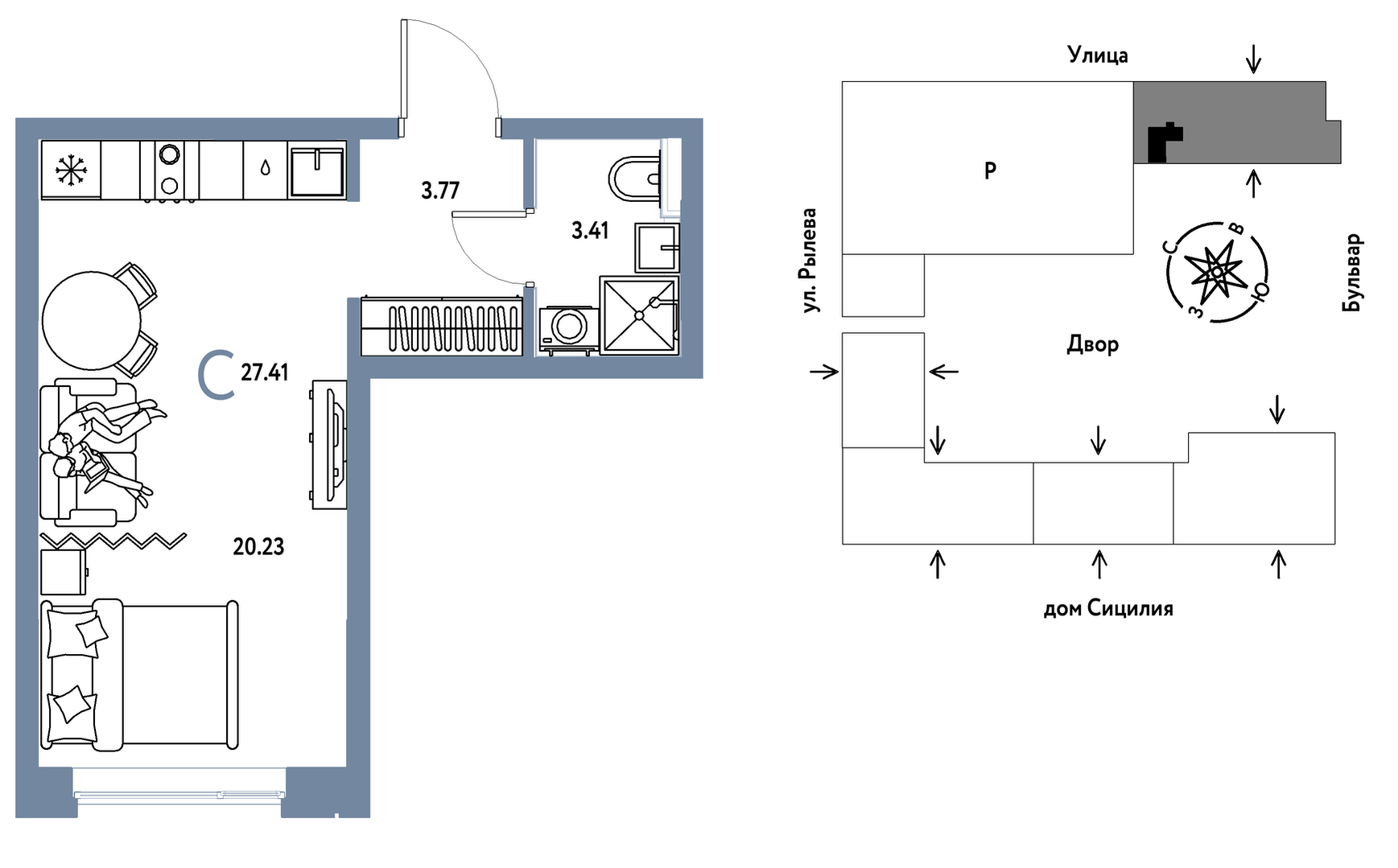 Планировка: Студия 27.4 м² в ЖК Остров-сад, ДОК