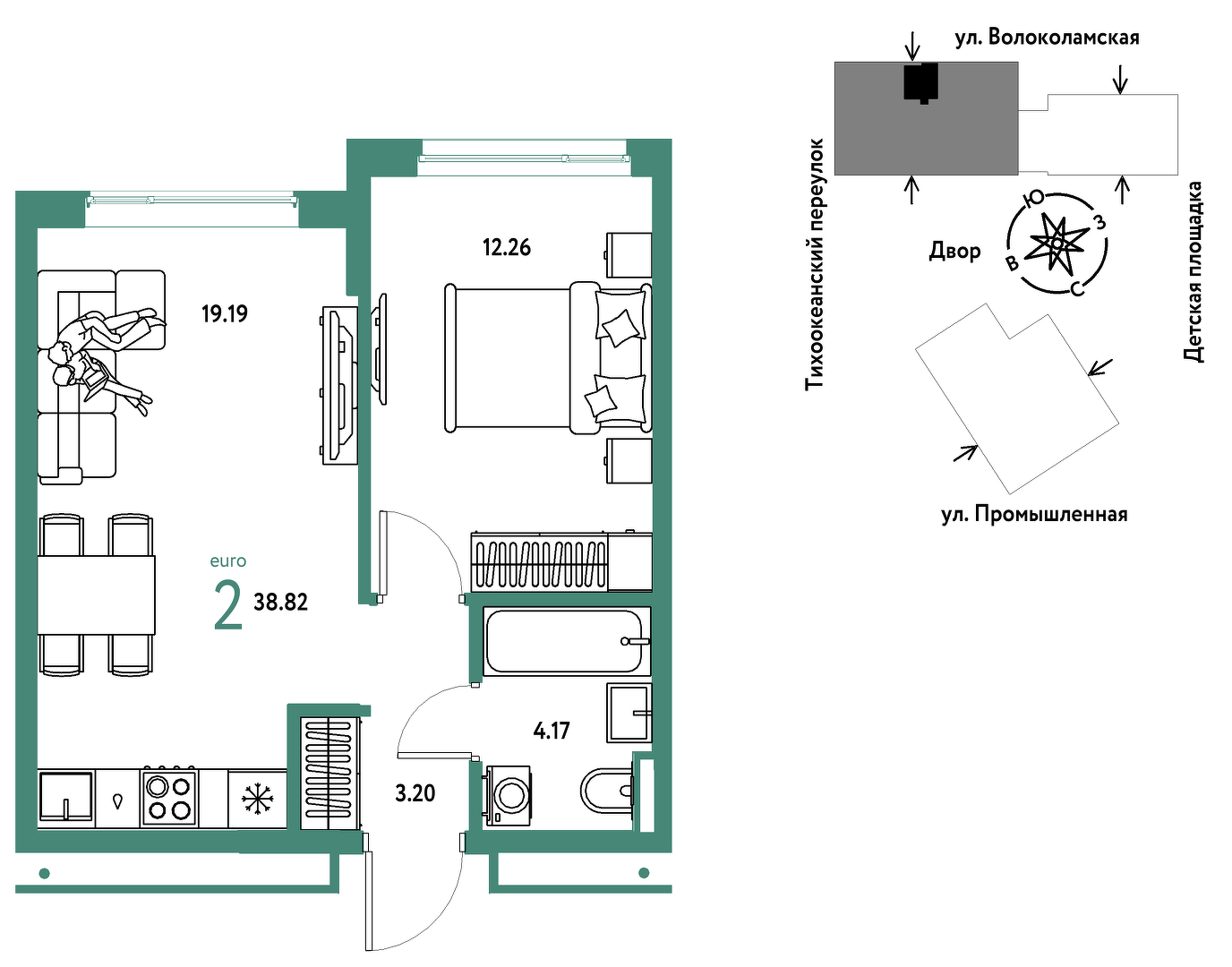 Планировка: Евродвушка 38.8 м² в ЖК Страна. Прибрежная, Центр: Студгородок