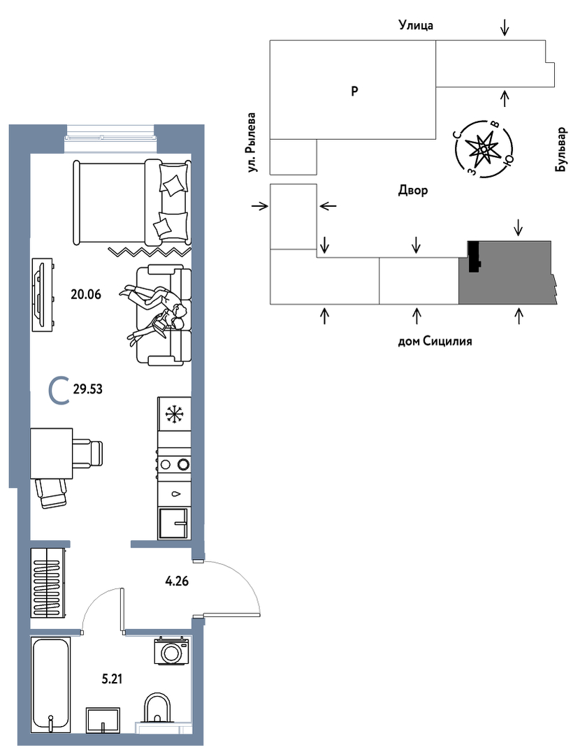 Планировка: Студия 29.5 м² в ЖК Остров-сад, ДОК