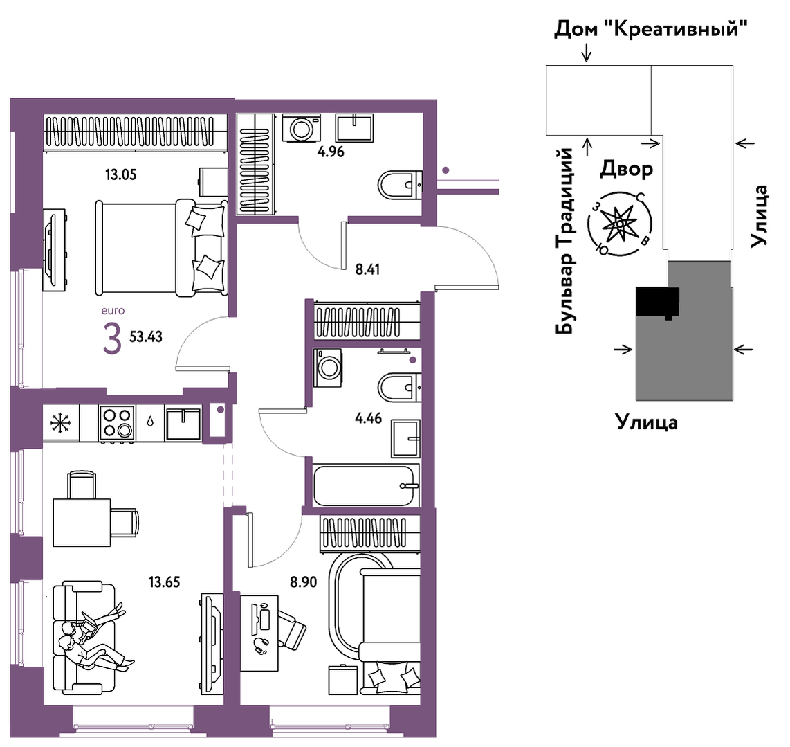 Планировка: Евротрешка 53.4 м² в ЖК Домашний, Плеханово
