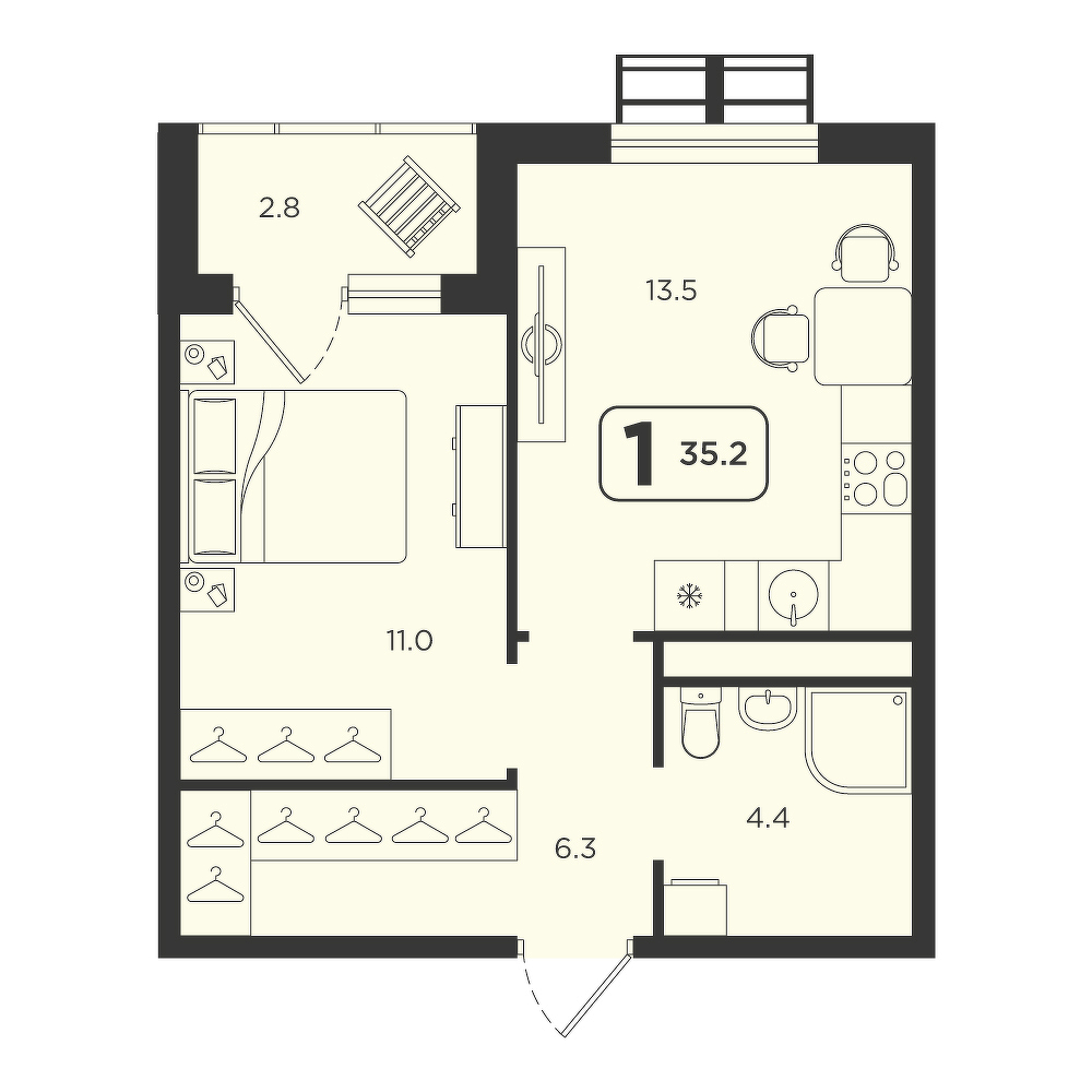 Планировка: Евродвушка 35.2 м² в ЖК Симфония, Центр: Студгородок