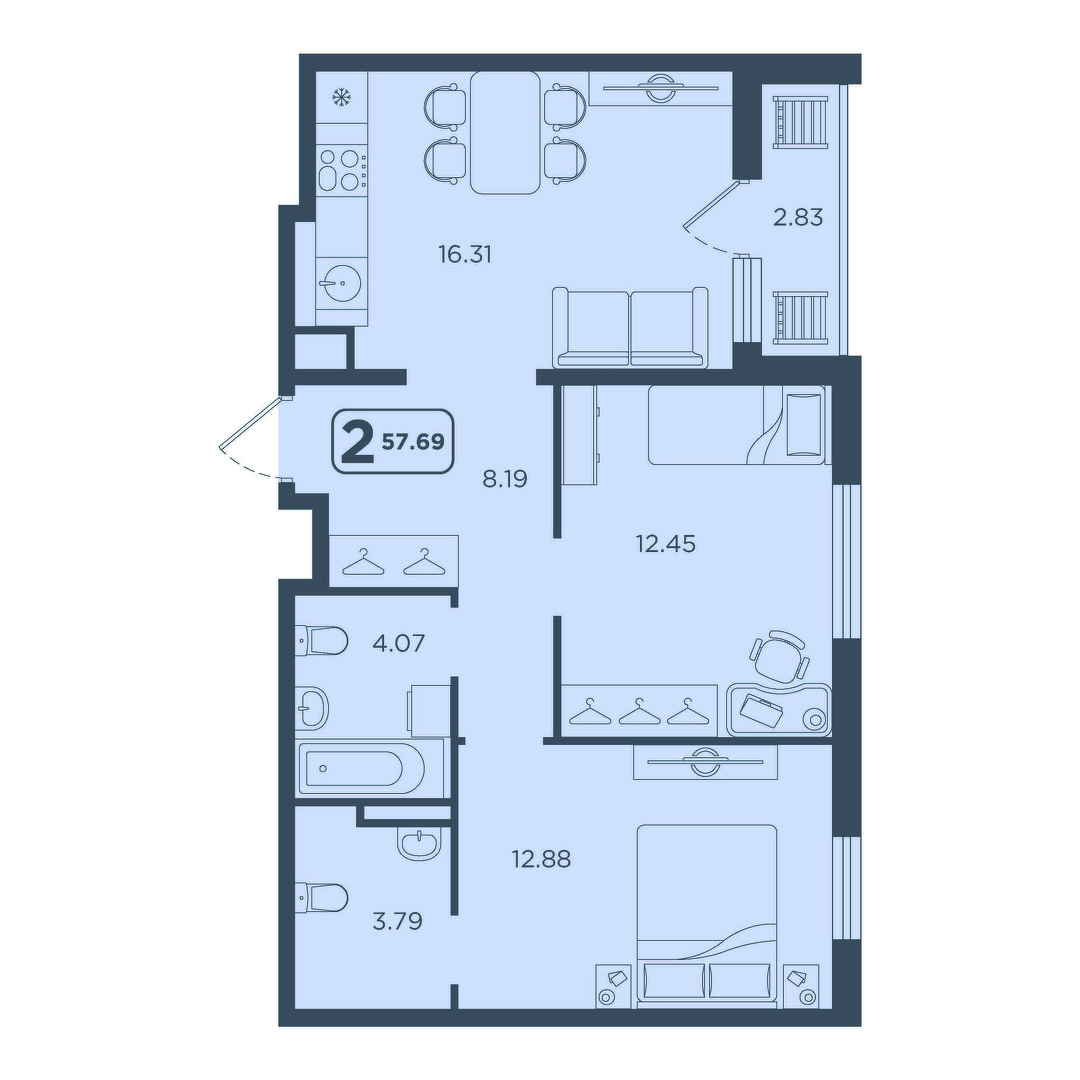 Планировка: Евротрешка 57.7 м² в ЖК Континент, Червишевский тракт