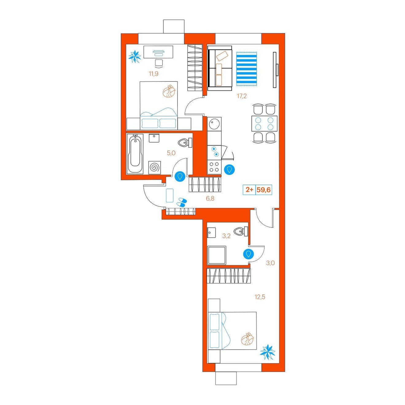Планировка: Евротрешка 59.6 м² в ЖК Supersky, Ватутина
