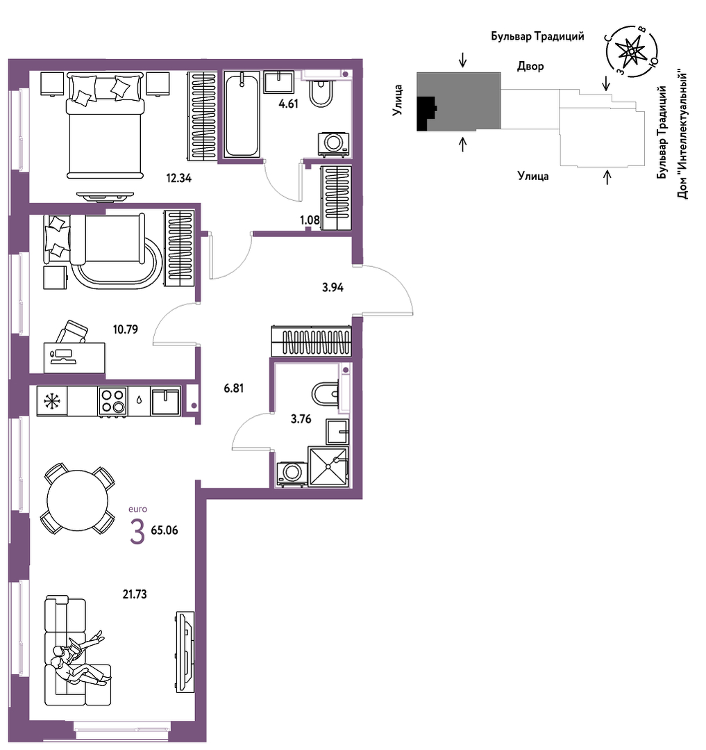 Планировка: Евротрешка 65.1 м² в ЖК Домашний, Плеханово