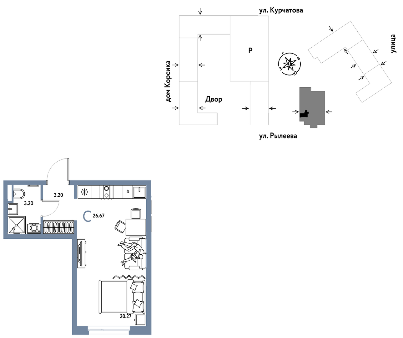 Планировка: Студия 26.9 м² в ЖК Остров-сад, ДОК