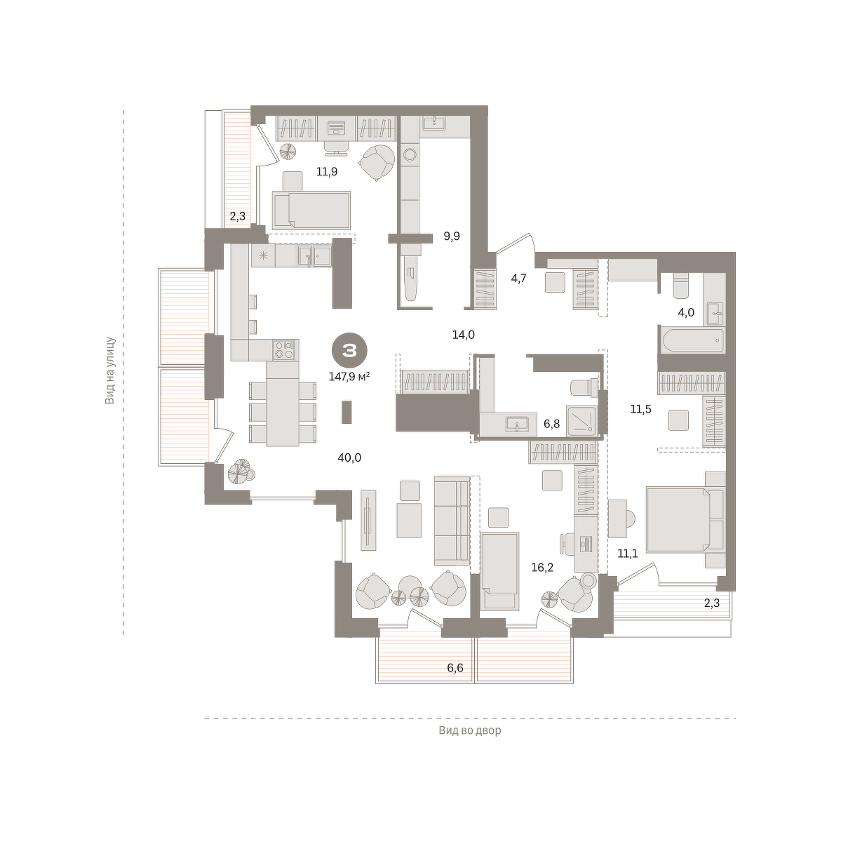 Планировка: 4-комнатная евро 147.9 м² в ЖК Октябрьский на Туре, ДОК
