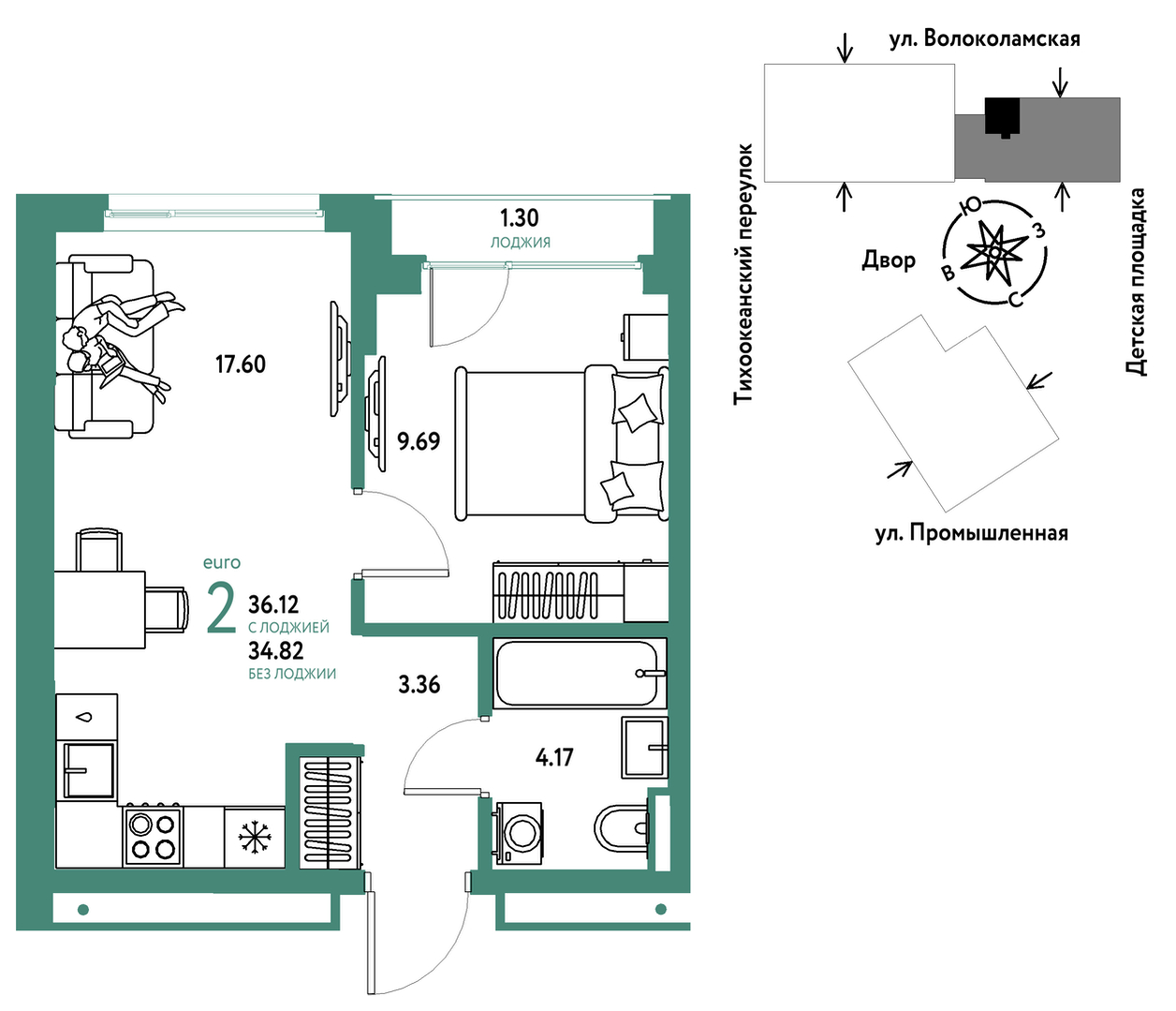Планировка: Евродвушка 36.1 м² в ЖК Страна. Прибрежная, Центр: Студгородок