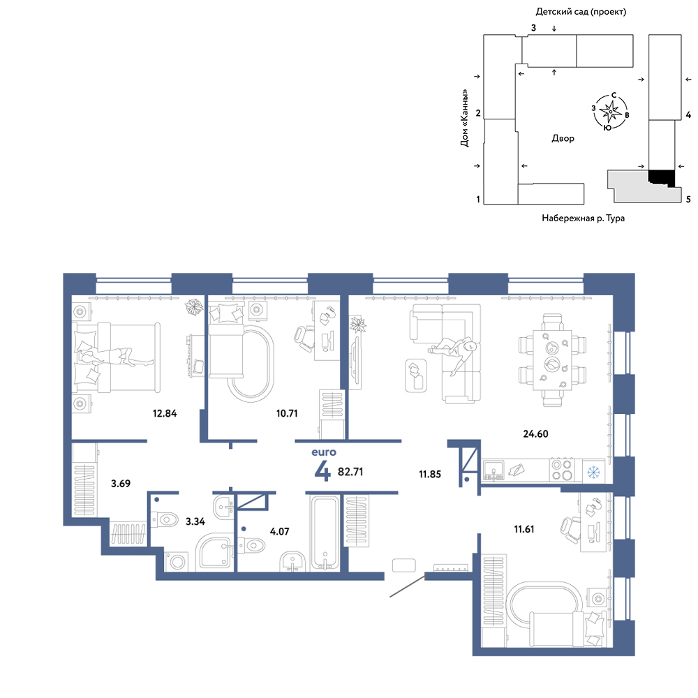 Планировка: 4-комнатная евро 82.7 м² в ЖК Европейский берег 2.0, Европейский