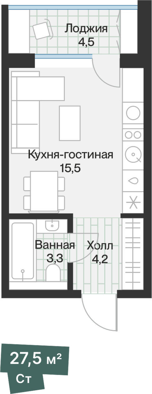 Планировка: Студия 25.2 м² в ЖК Эклипт, Рощино