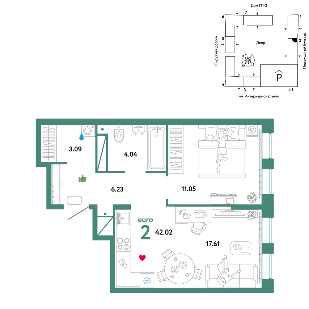 Планировка: Евродвушка 42 м² в ЖК Юнион, Плеханово