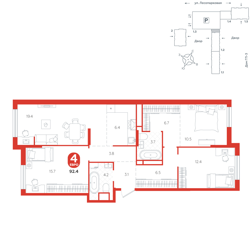 Планировка: 4-комнатная евро 92.4 м² в ЖК Чистые пруды, Лесобаза: Тура