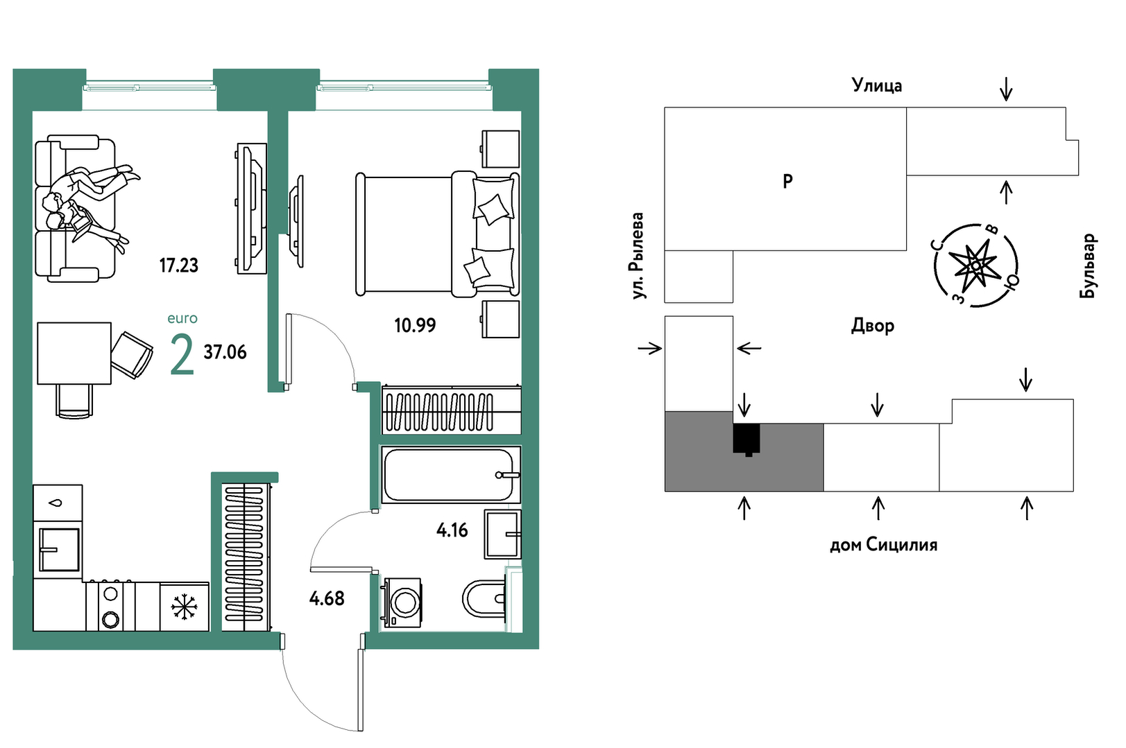 Планировка: Евродвушка 37.1 м² в ЖК Остров-сад, ДОК
