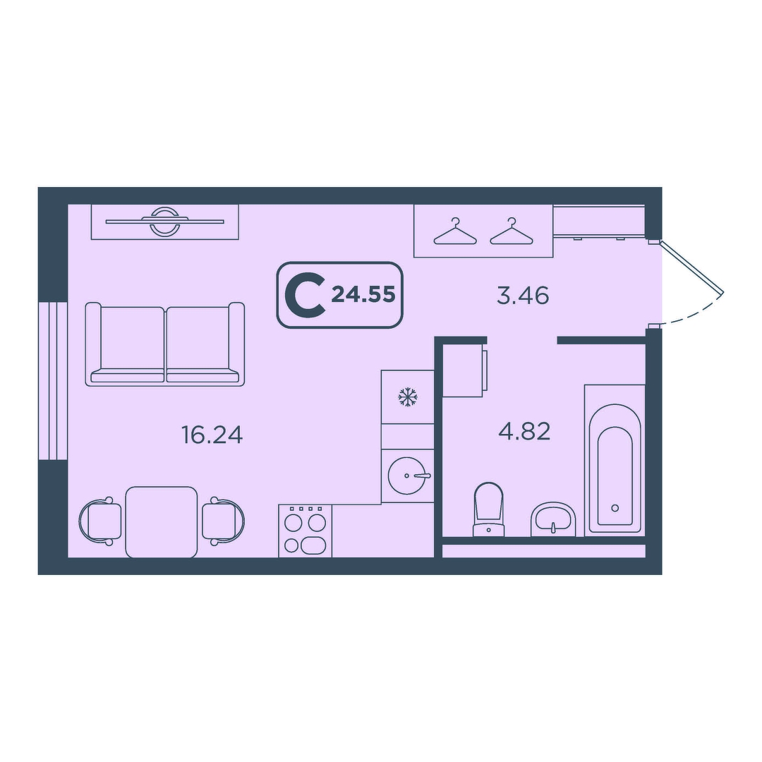 Планировка: Студия 24.6 м² в ЖК Континент, Червишевский тракт