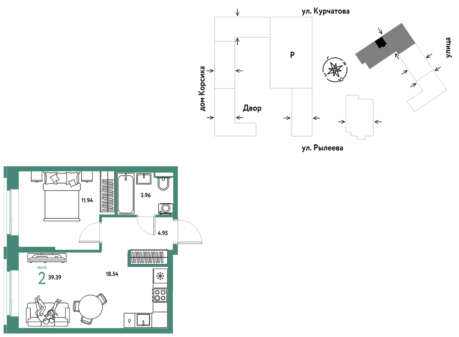 Планировка: Евродвушка 39.7 м² в ЖК Остров-сад, ДОК
