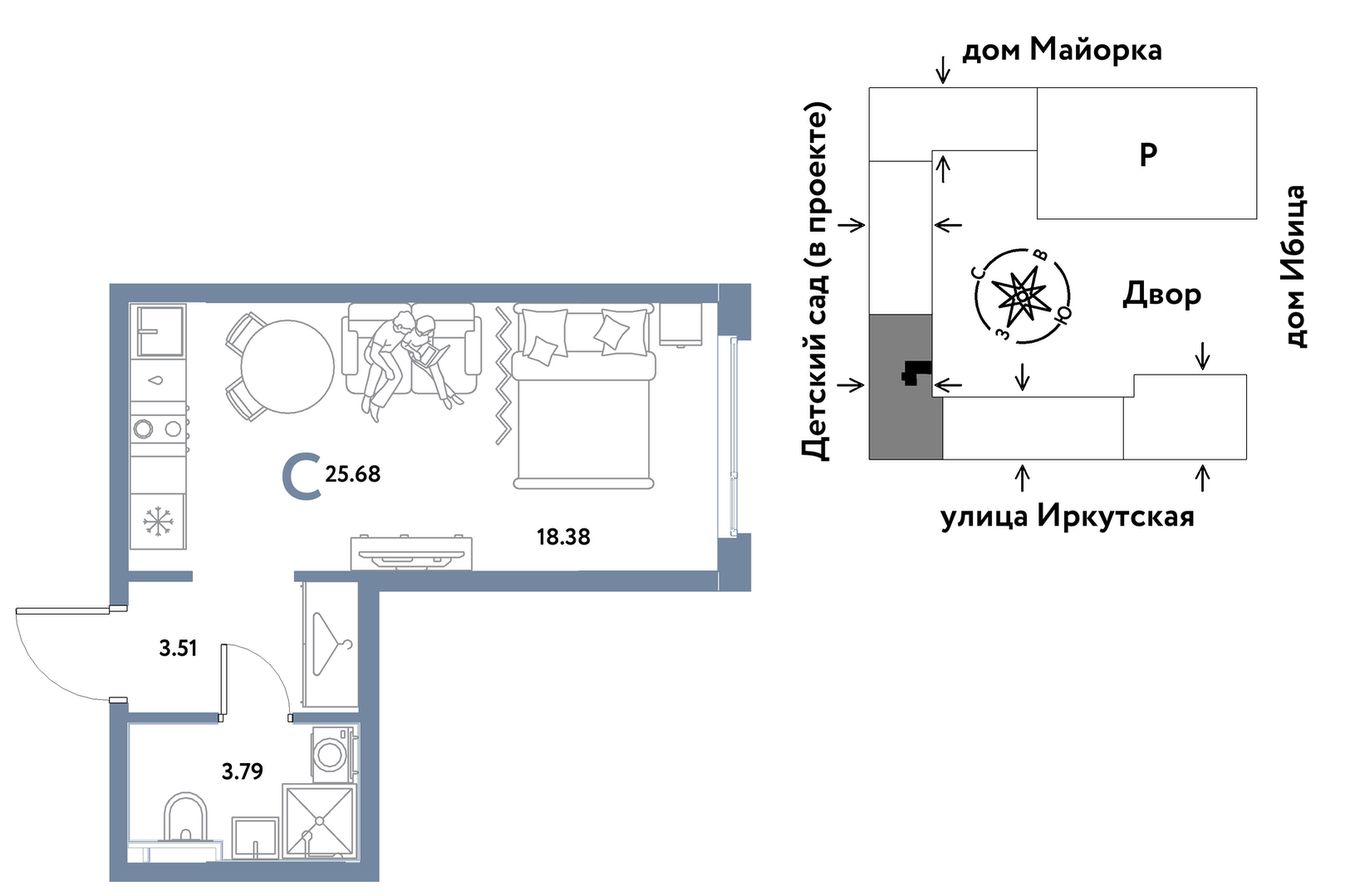 Планировка: Студия 25.7 м² в ЖК Остров-сад, ДОК