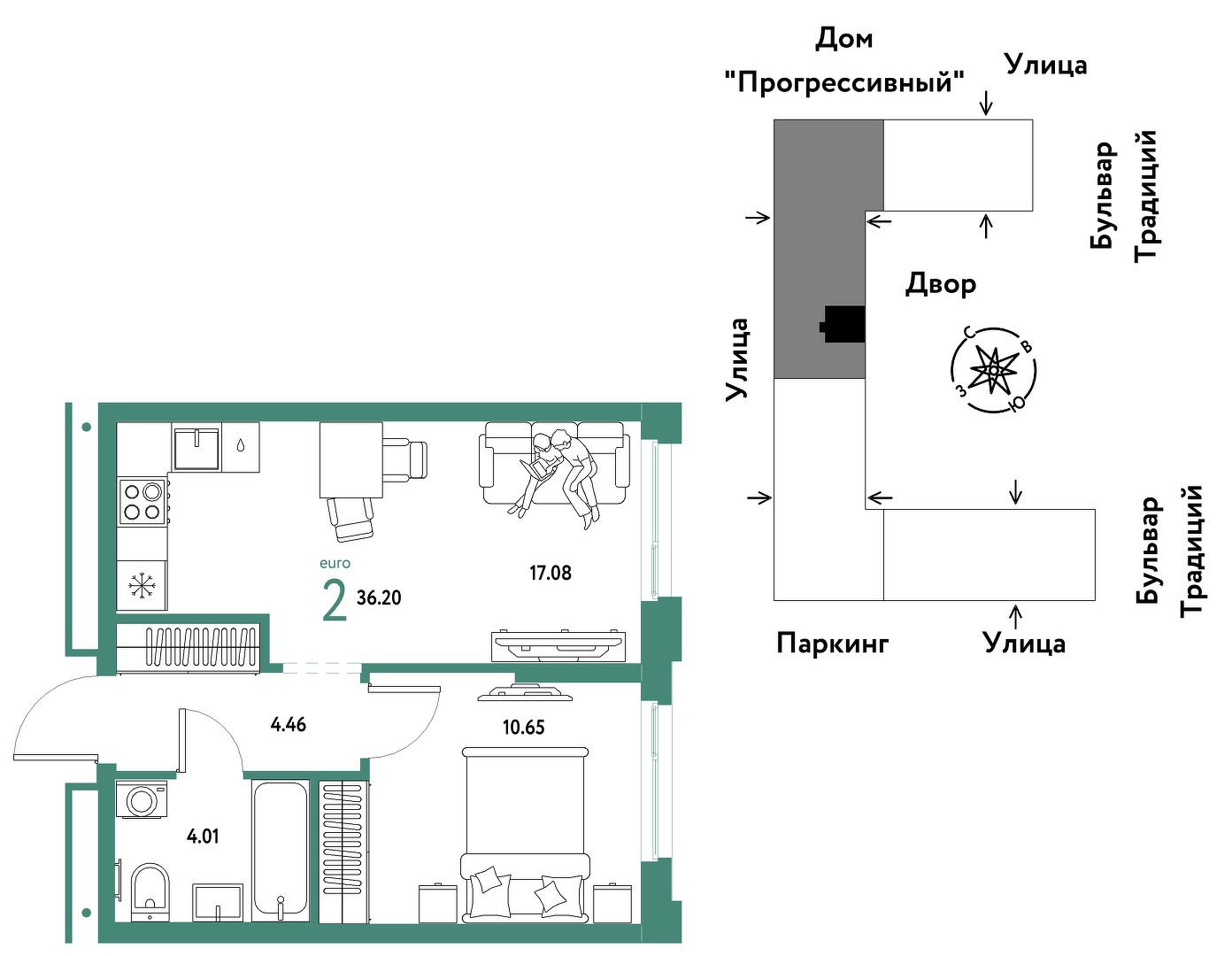 Планировка: Евродвушка 36.2 м² в ЖК Домашний, Плеханово