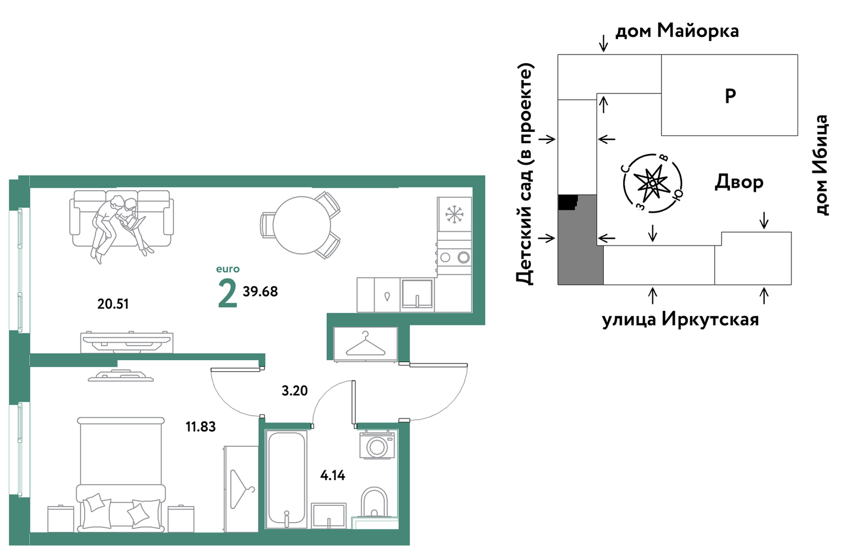 Планировка: Евродвушка 39.7 м² в ЖК Остров-сад, ДОК