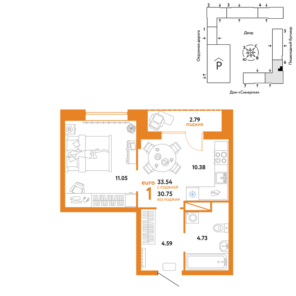 Планировка: 1-комнатная 33.5 м² в ЖК Юнион, Плеханово