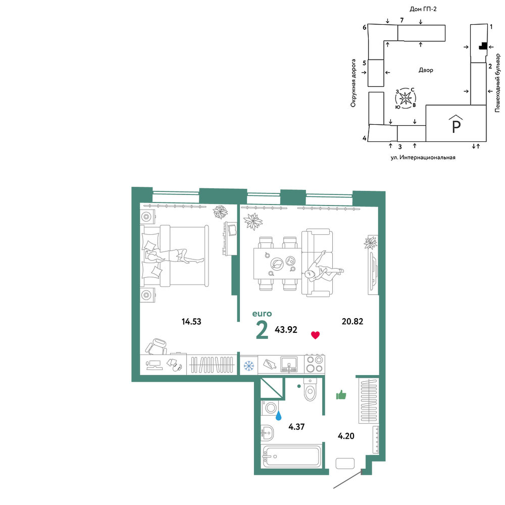 Планировка: Евродвушка 43.9 м² в ЖК Юнион, Плеханово