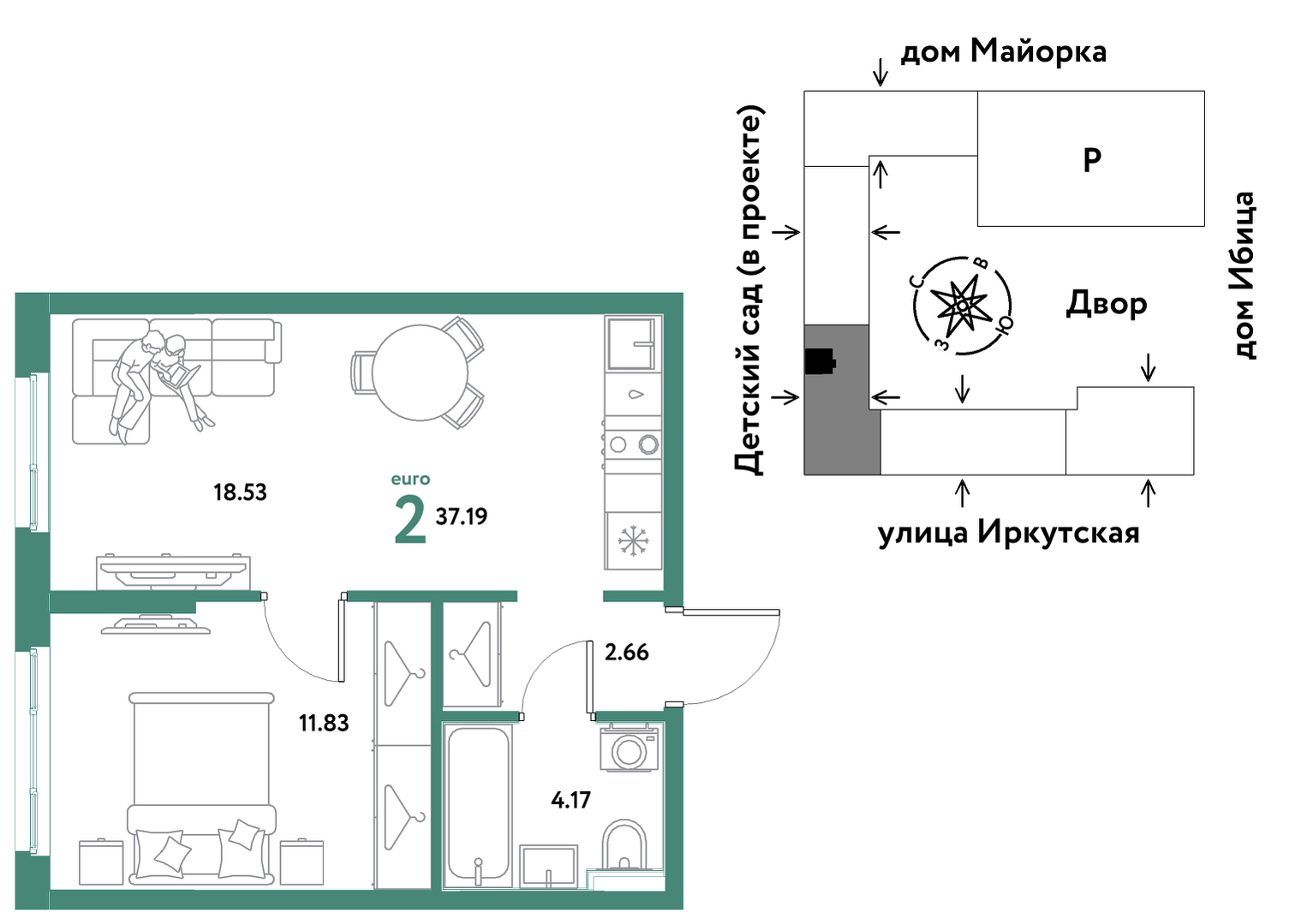 Планировка: Евродвушка 37.2 м² в ЖК Остров-сад, ДОК