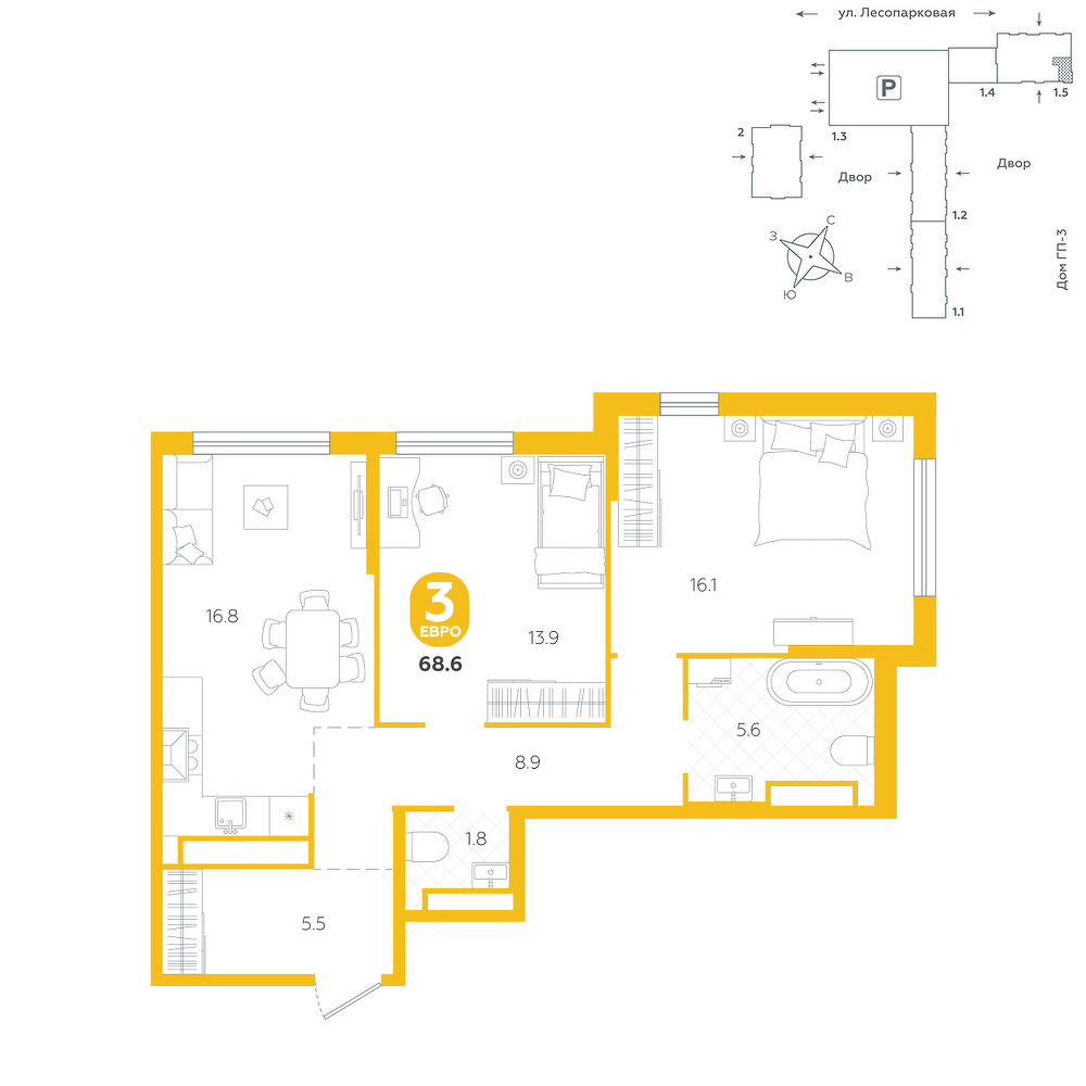 Планировка: Евротрешка 68.6 м² в ЖК Чистые пруды, Лесобаза: Тура