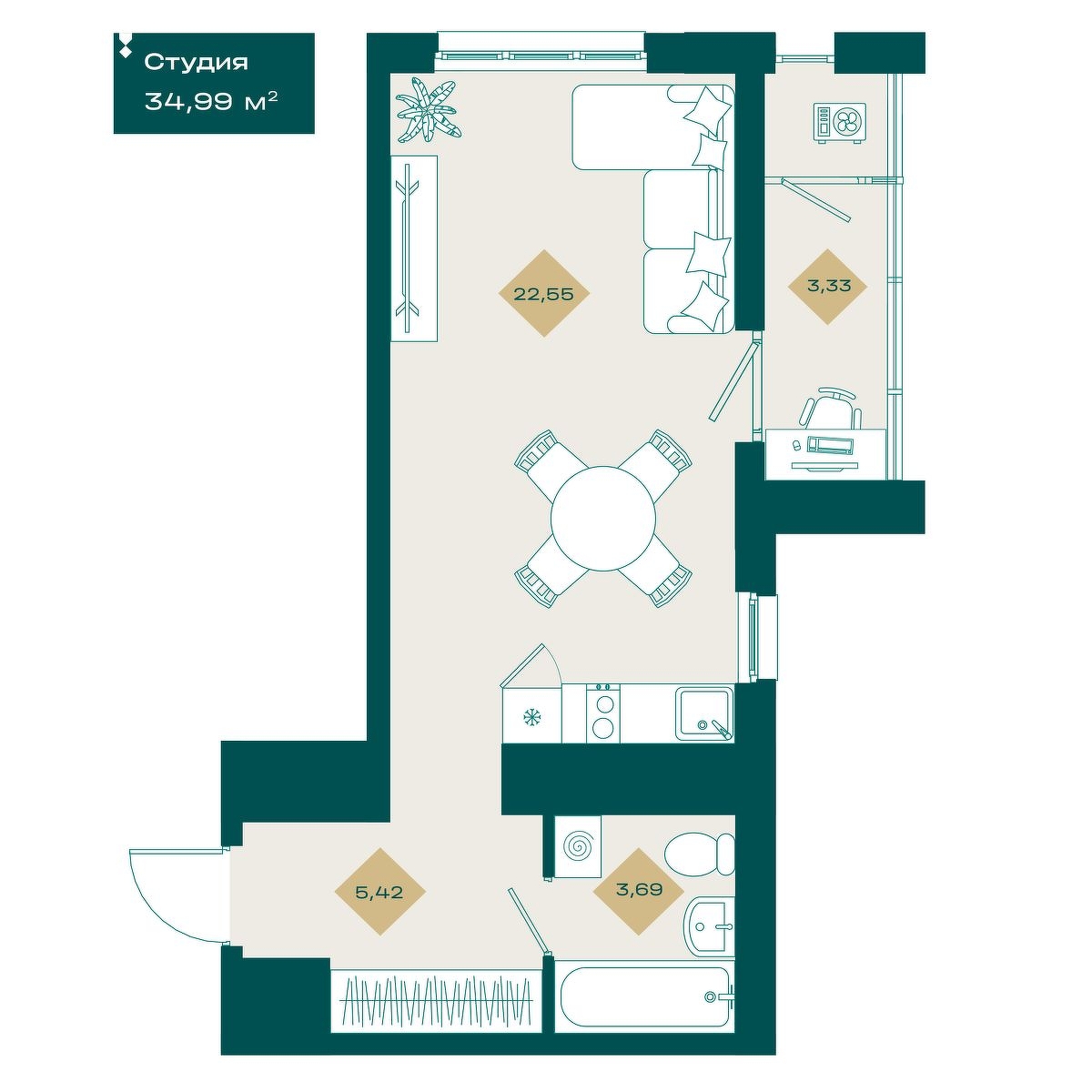 Планировка: Студия 35 м² в ЖК Секреты, 5-й Заречный