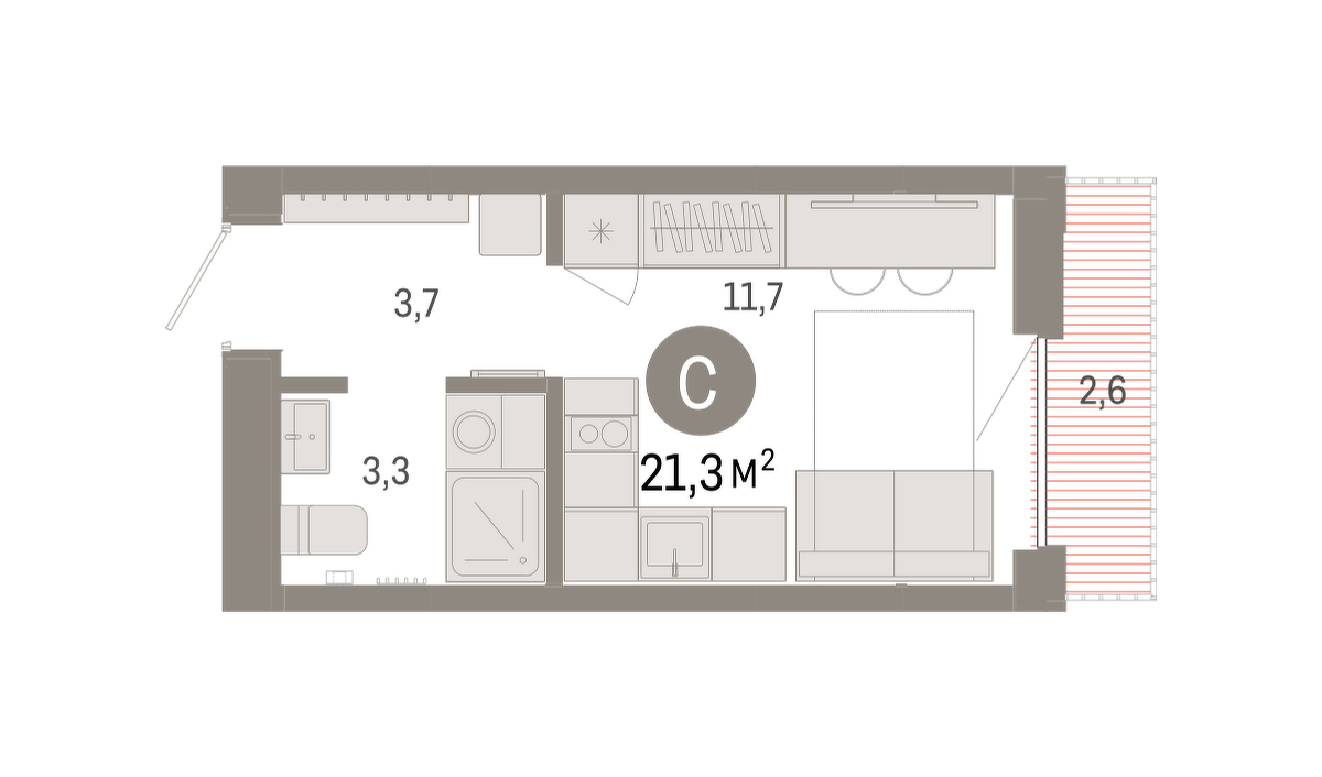 Планировка: Студия 21.3 м² в ЖК Октябрьский на Туре, ДОК