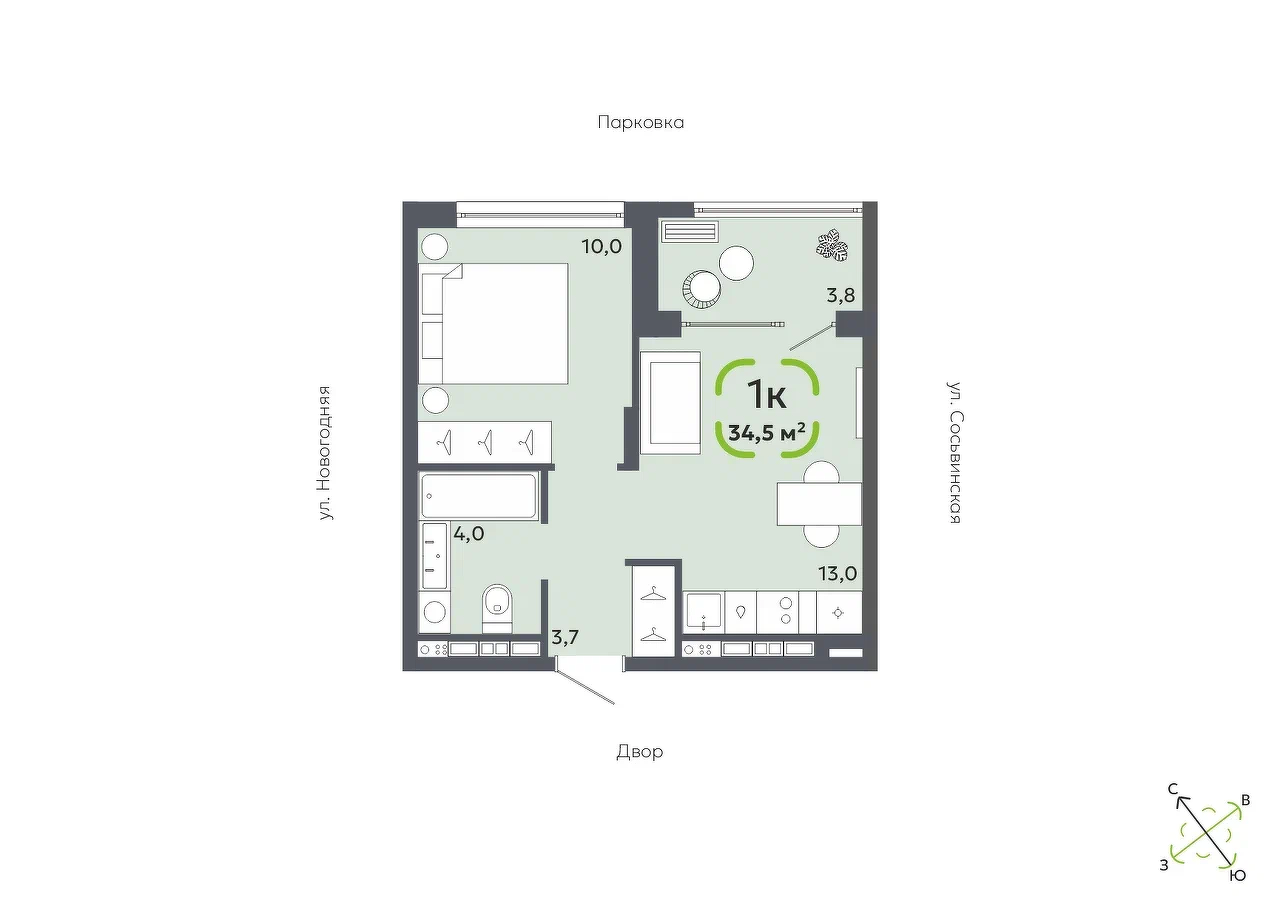Планировка: Евродвушка 34.5 м² в ЖК Свой, Югра