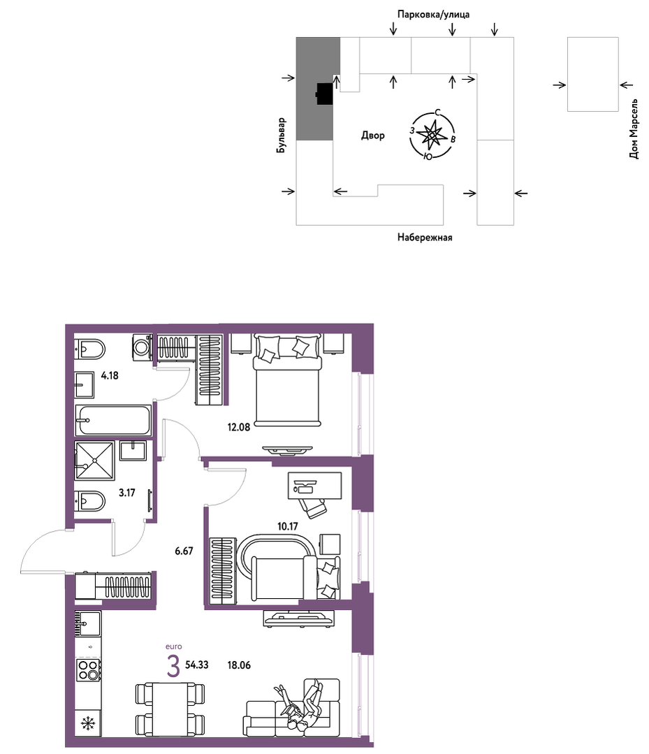 Планировка: Евротрешка 54.3 м² в ЖК Европейский берег 2.0, Европейский