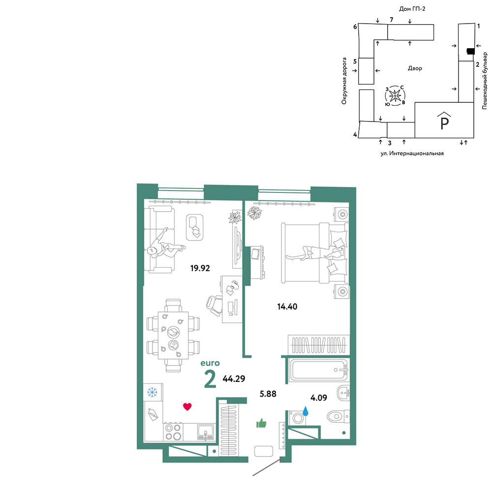 Планировка: Евродвушка 44.3 м² в ЖК Юнион, Плеханово
