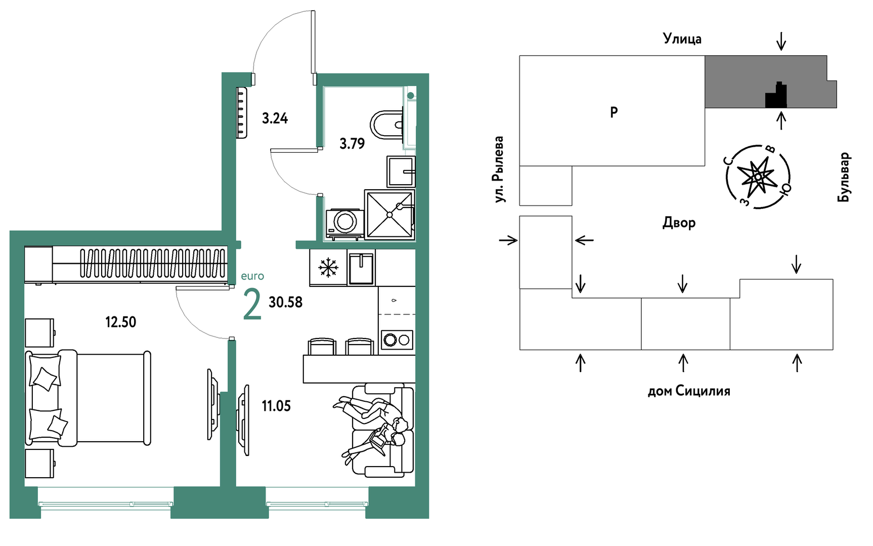 Планировка: 1-комнатная 30.6 м² в ЖК Остров-сад, ДОК