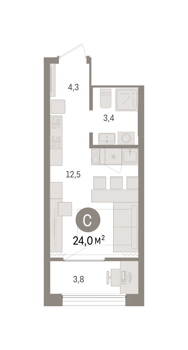 Планировка: Студия 24 м² в ЖК Октябрьский на Туре, ДОК
