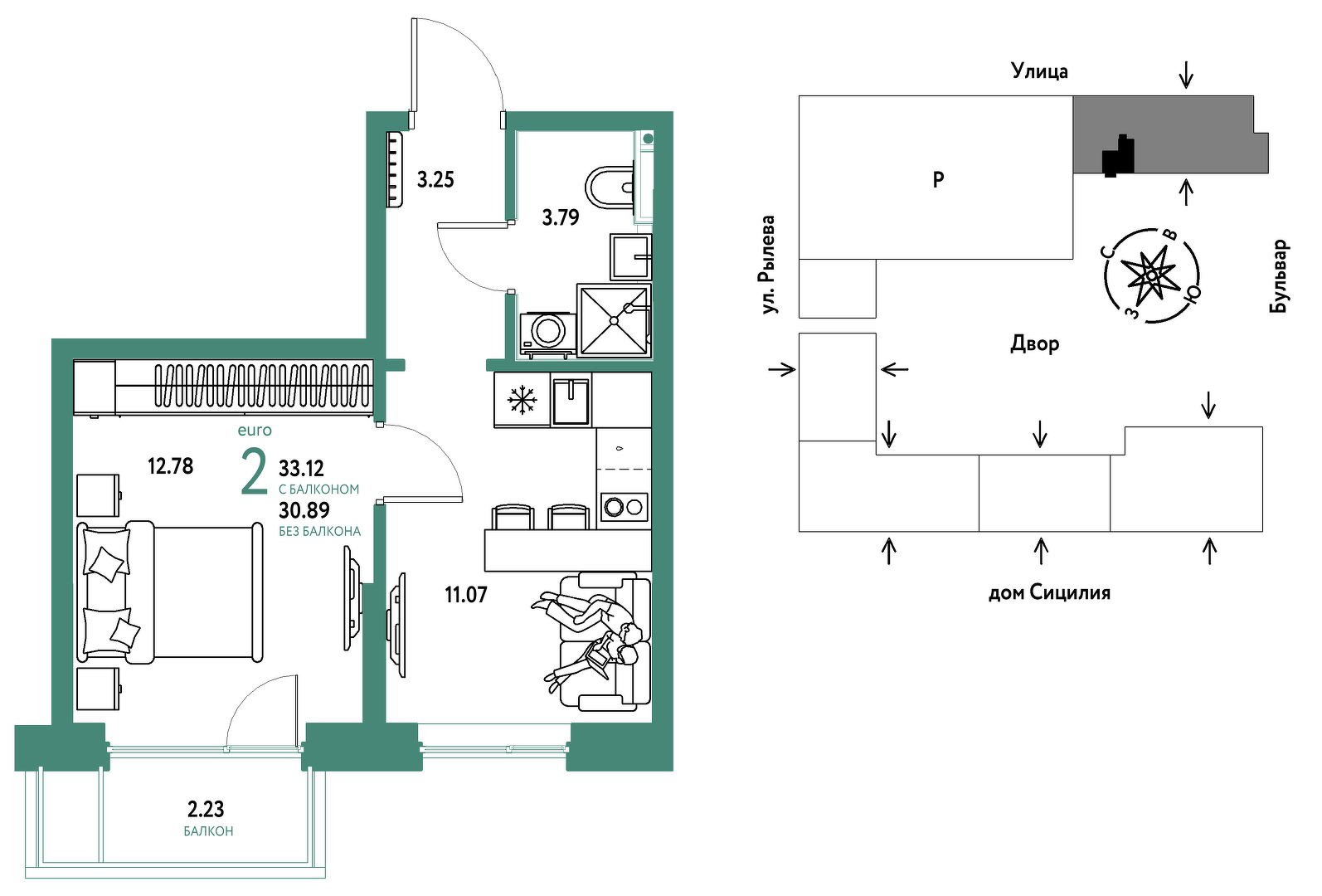 Планировка: 1-комнатная 33.1 м² в ЖК Остров-сад, ДОК