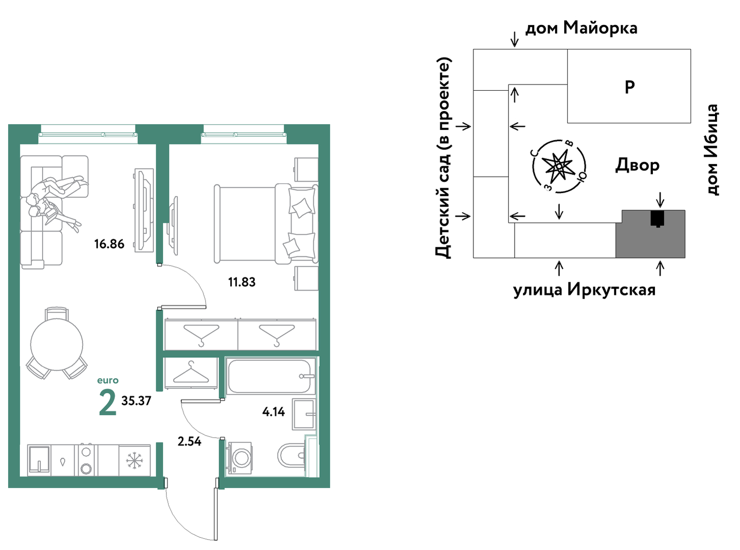 Планировка: Евродвушка 35.4 м² в ЖК Остров-сад, ДОК