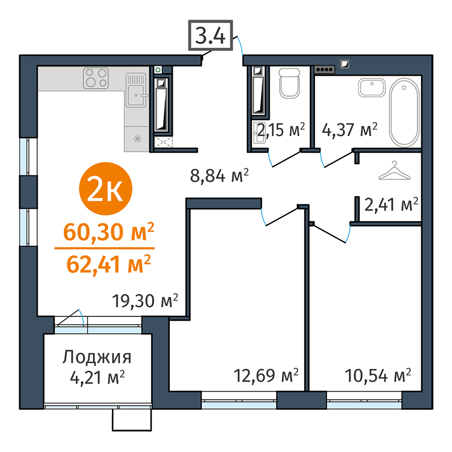 Планировка: Евротрешка 60.3 м² в ЖК DOK, ДОК