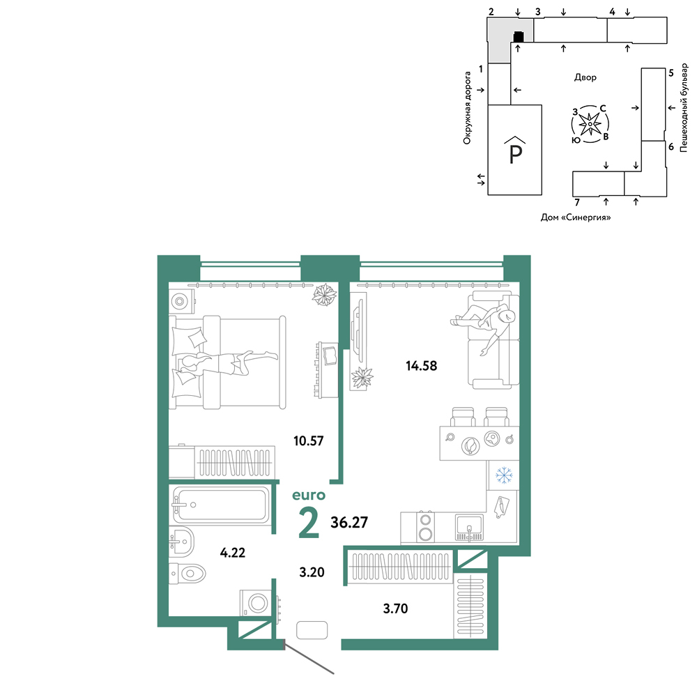 Планировка: Евродвушка 36.3 м² в ЖК Юнион, Плеханово