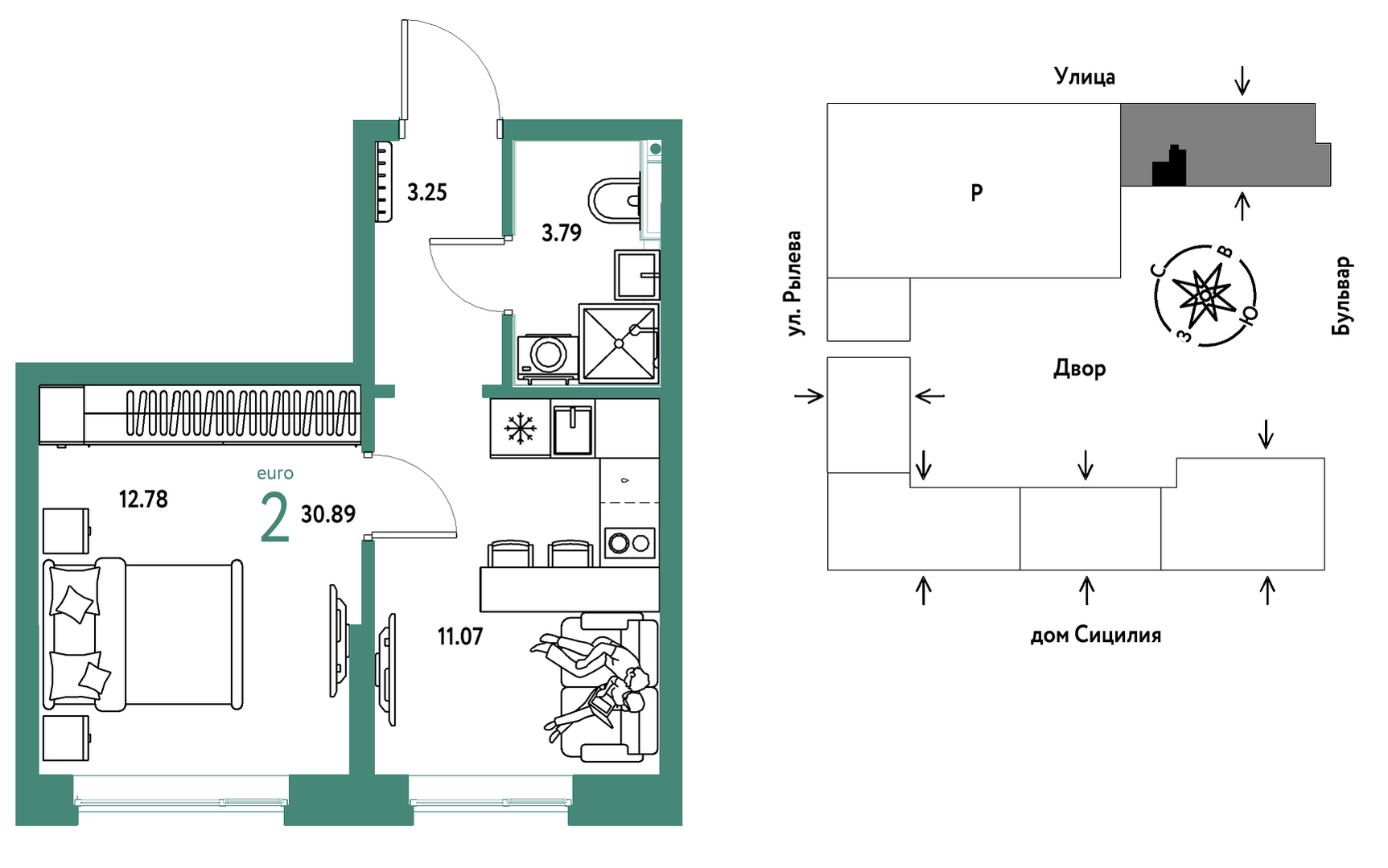 Планировка: 1-комнатная 30.9 м² в ЖК Остров-сад, ДОК