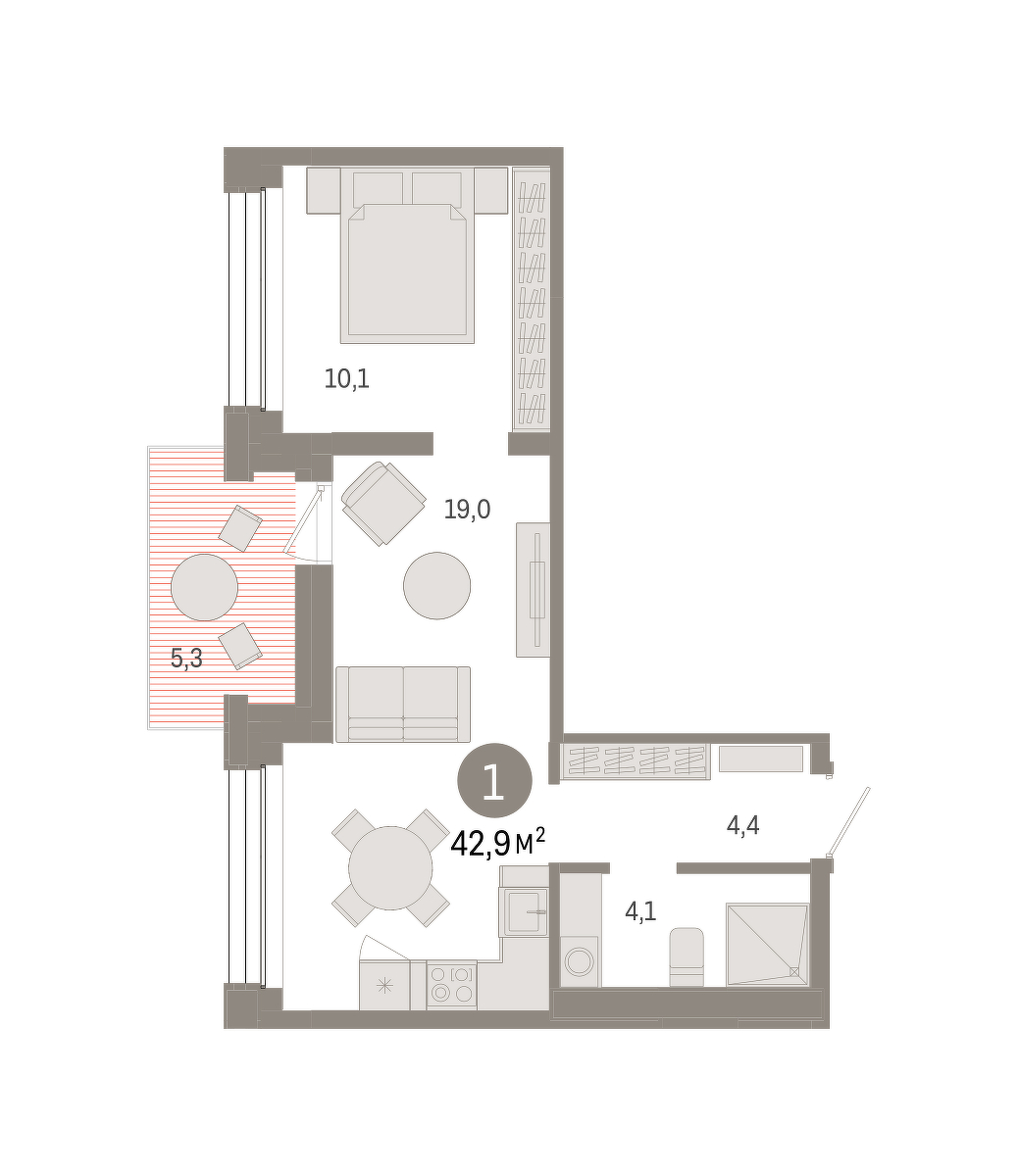 Планировка: Евродвушка 42.9 м² в ЖК Дом у озера, Европейский