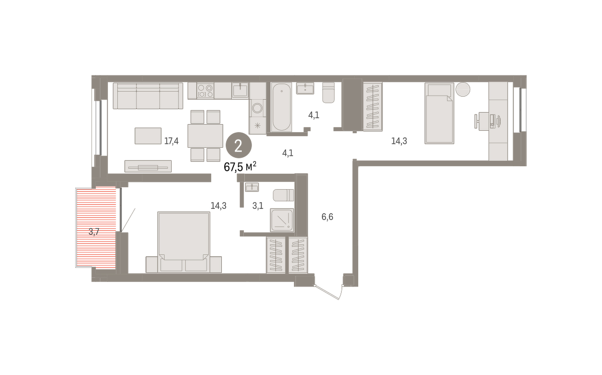 Планировка: Евротрешка 67.6 м² в ЖК Речной порт, Центр: Дом печати