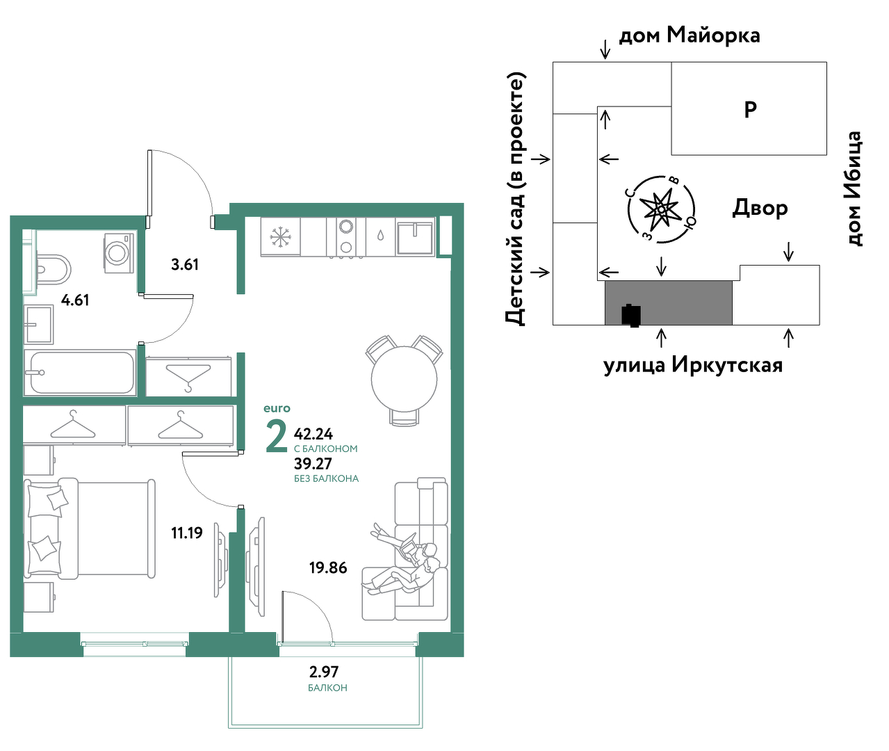 Планировка: Евродвушка 42.2 м² в ЖК Остров-сад, ДОК