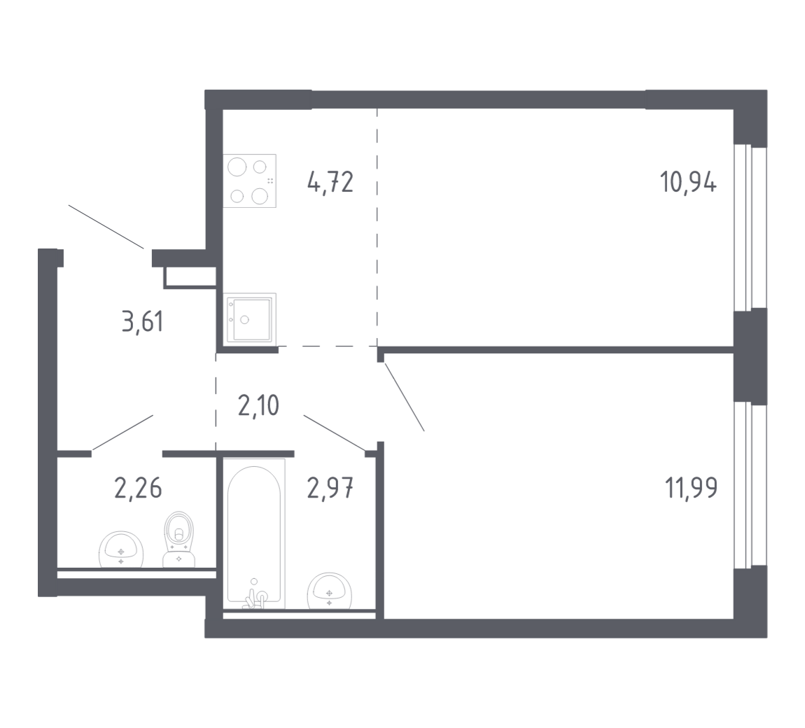 Планировка: Евродвушка 38.6 м² в ЖК Чаркова 72, Мыс