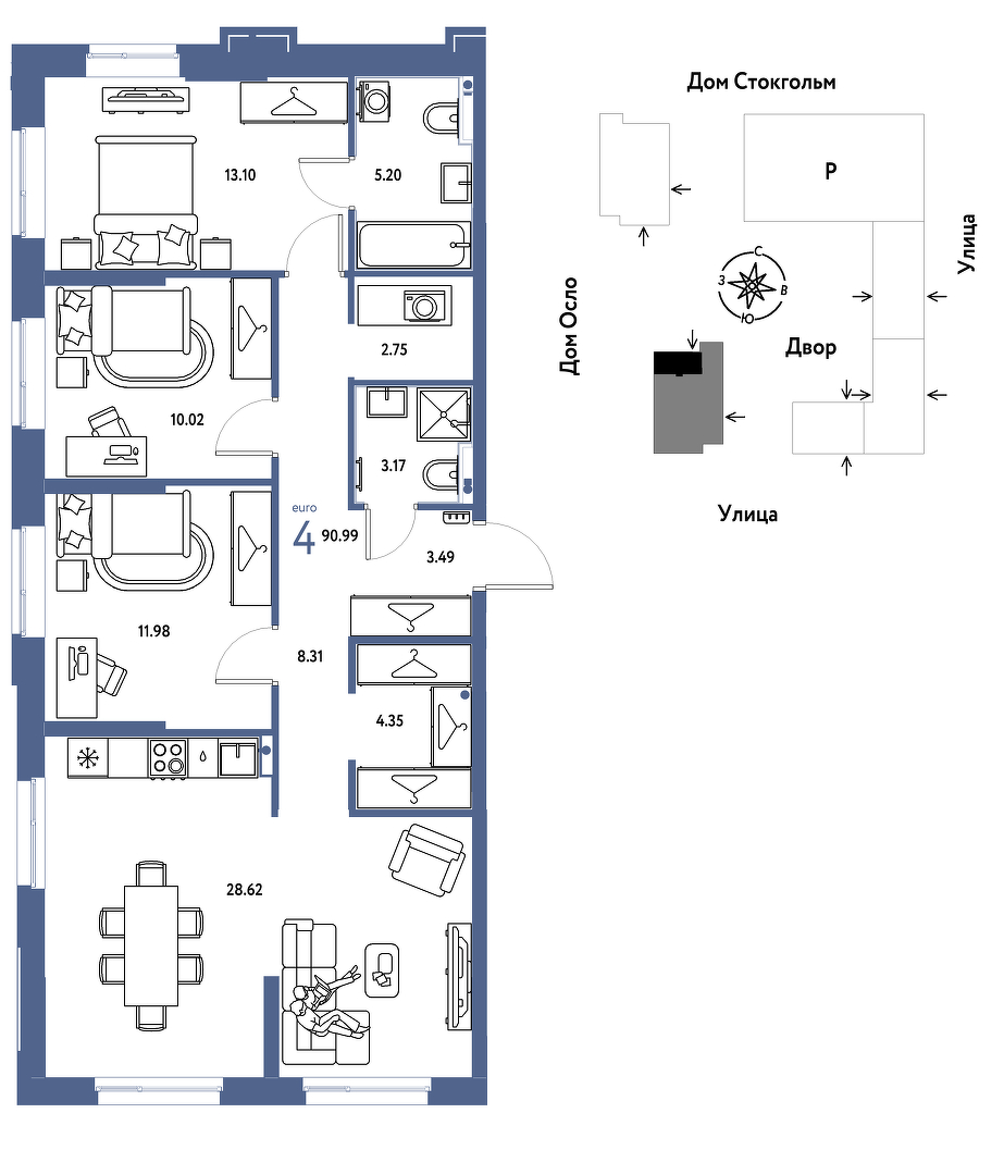 Планировка: 4-комнатная евро 91 м² в ЖК Европейский берег 2.0, Европейский